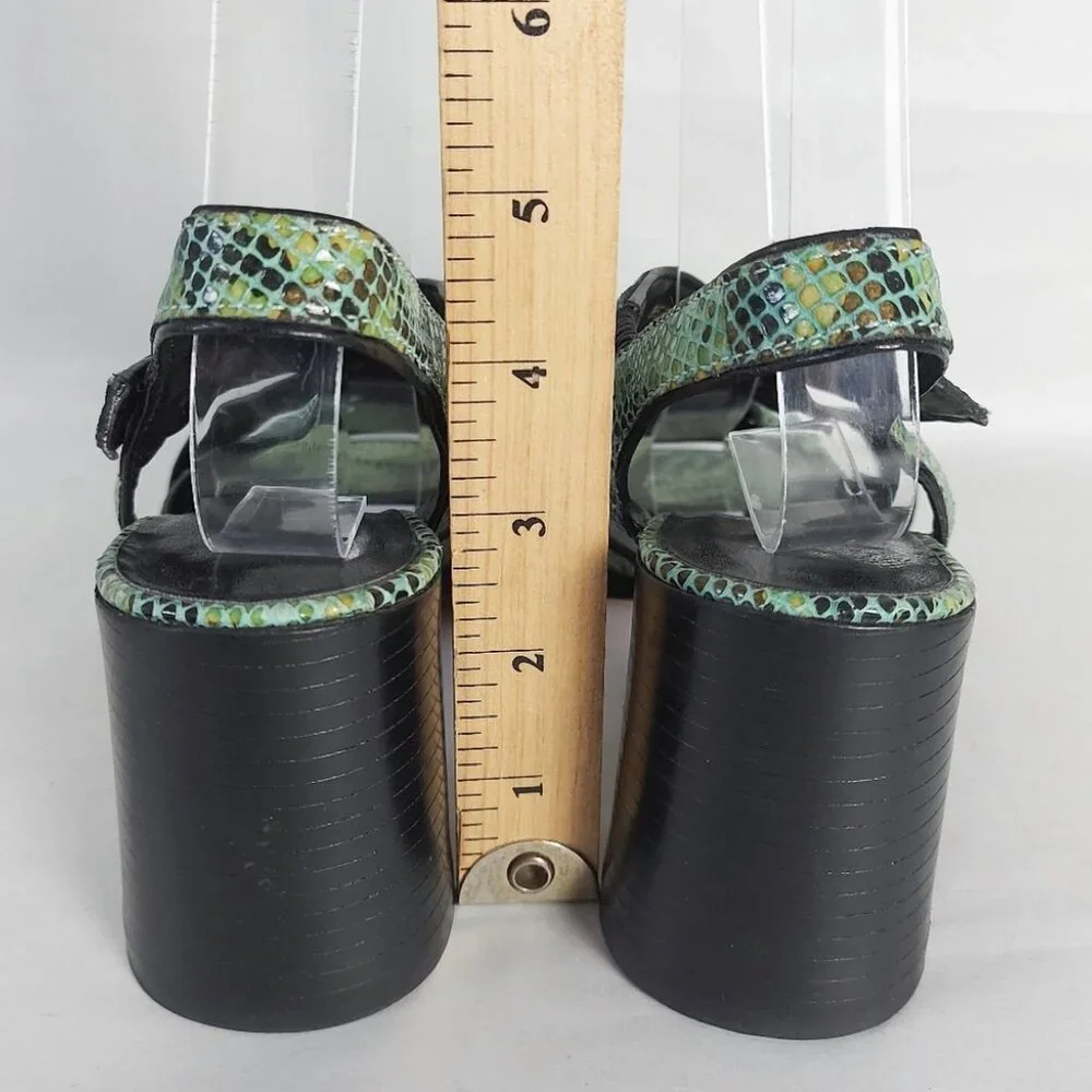 Franco Sarto Women 90s Open-Toe Strappy Sandals 5.5 Green Snakeskin Block Heel